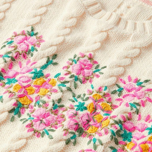 Boden sweater Ivory Embroidered Cable Knit Cotton Jumper 4 S SM Small - Picture 5 of 13